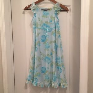 Cherokee Girl’s Floral Dress Blue and Green with Bow Accent- Medium Size 8